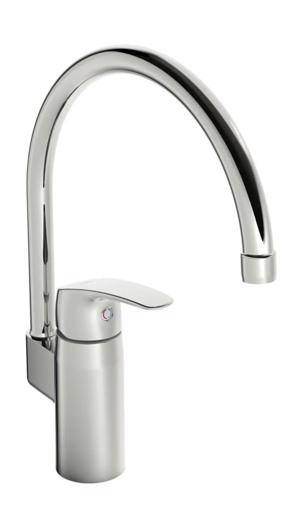 Küchenarmatur aus verchromtem Material mit einem hohen geschwungenen Wasserhahn und einem Hebel zur Steuerung des Wasserflusses, hergestellt von HANSA.